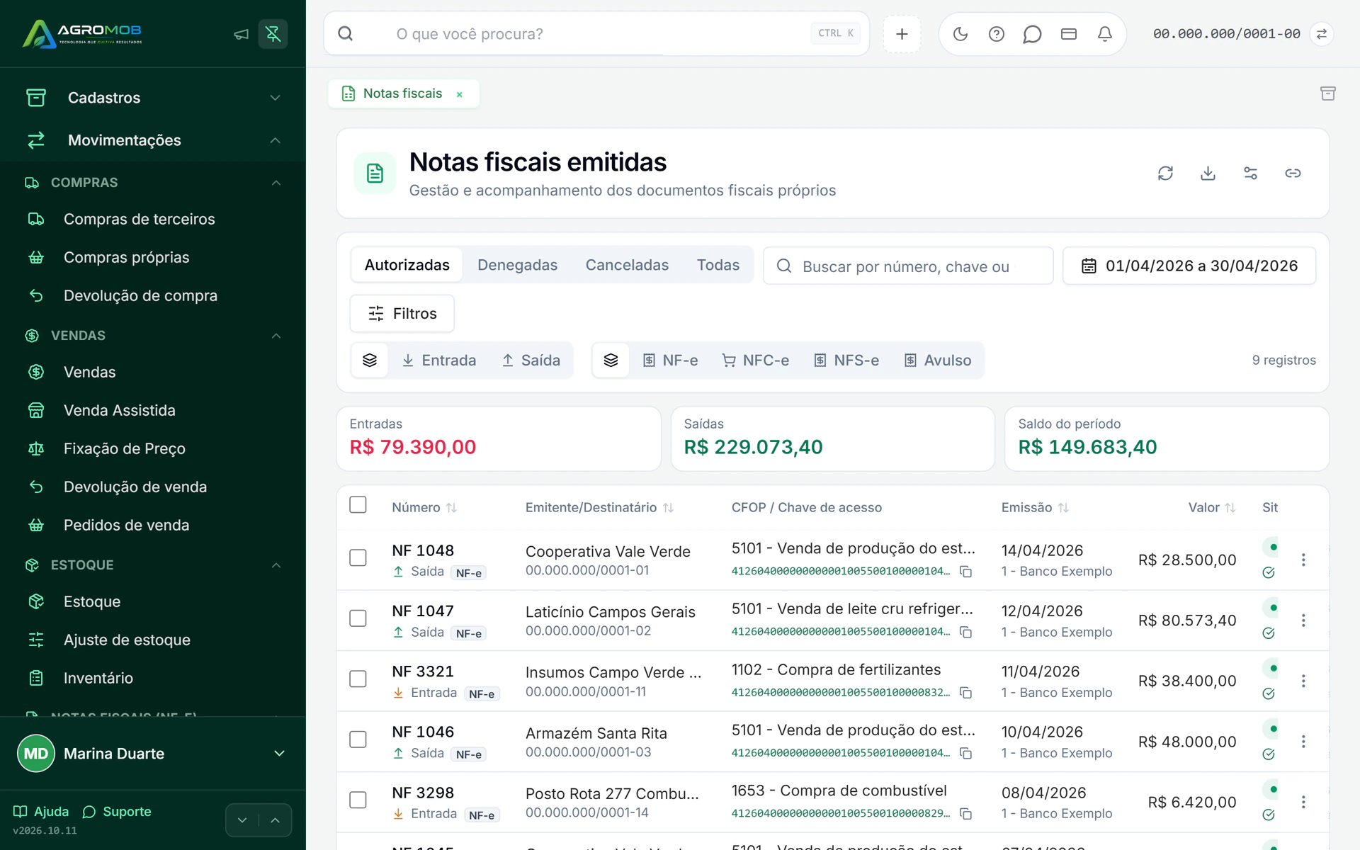 Tela de notas fiscais